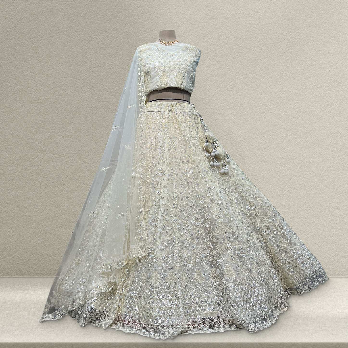 Jazzagals - Beads & Pearls Handwork Off White Reception Lehenga