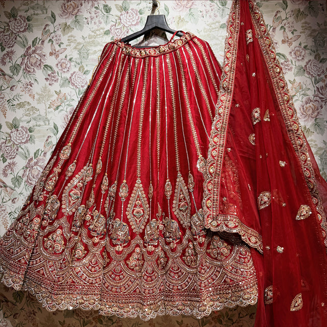 Royal Baggi - Cherry Raw Silk 12-Kali Elephant Motif Bridal Lehenga with Double Dupatta