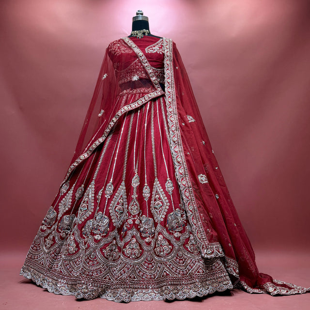 Royal Baggi - Cherry Raw Silk 12-Kali Elephant Motif Bridal Lehenga with Double Dupatta