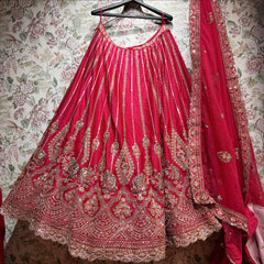 Royal Baggi - Rani Pink Raw Silk 12-Kali Elephant Motif Bridal Lehenga with Double Dupatta
