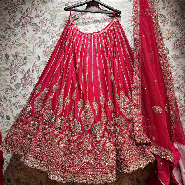 Royal Baggi - Rani Pink Raw Silk 12-Kali Elephant Motif Bridal Lehenga with Double Dupatta
