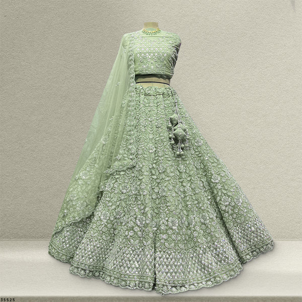 Jazzagals - Beads & Pearls Handwork Sage Green Reception Lehenga