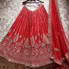 Royal Baggi - Red Raw Silk 12-Kali Elephant Motif Bridal Lehenga with Double Dupatta