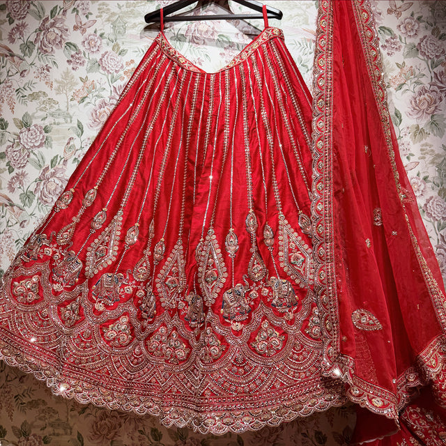 Royal Baggi - Red Raw Silk 12-Kali Elephant Motif Bridal Lehenga with Double Dupatta