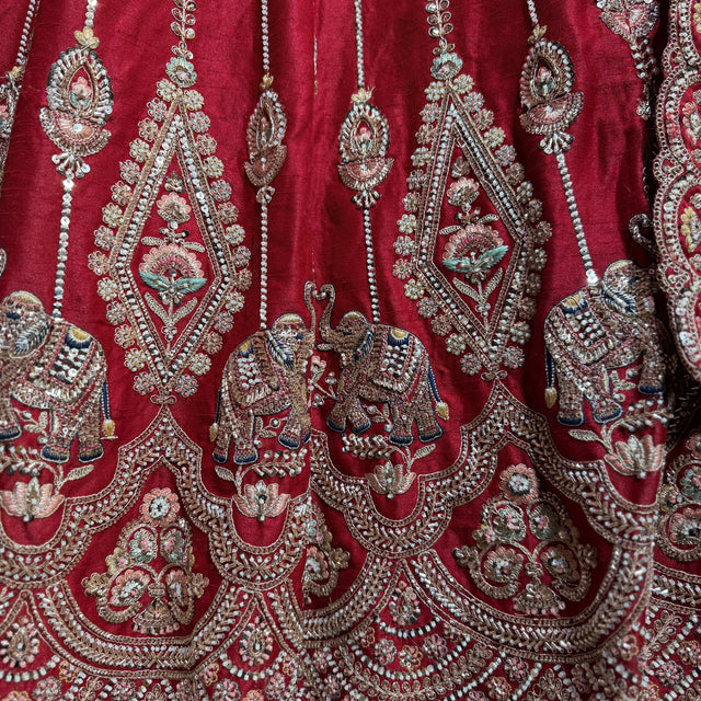 Royal Baggi - Cherry Raw Silk 12-Kali Elephant Motif Bridal Lehenga with Double Dupatta