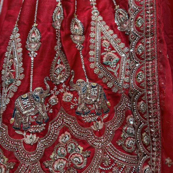 Royal Baggi - Red Raw Silk 12-Kali Elephant Motif Bridal Lehenga with Double Dupatta
