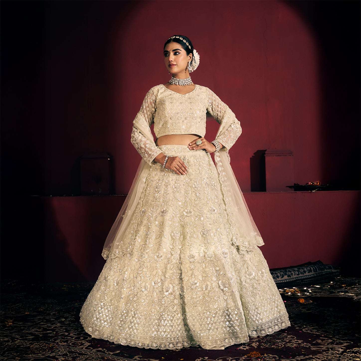 Jazzagals - Beads & Pearls Handwork Off White Reception Lehenga