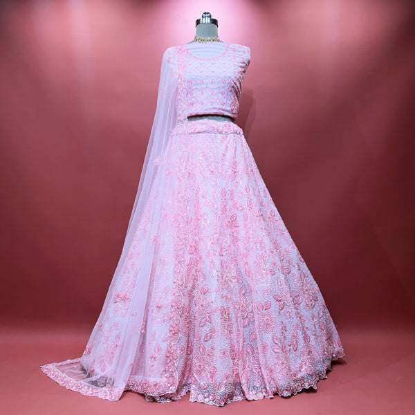 Baby pink net lehenga with floral pearl and cutdana embroidery, full skirt and dupatta
