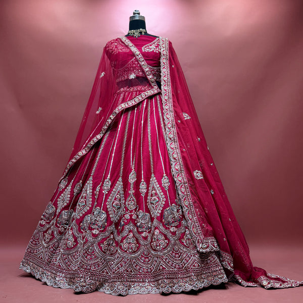 Royal Baggi - Rani Pink Raw Silk 12-Kali Elephant Motif Bridal Lehenga with Double Dupatta