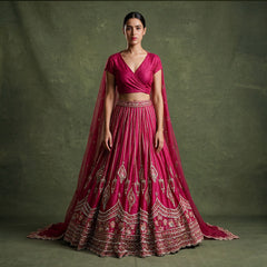 Fuchsia pink bridal lehenga with embroidered border and draped double dupatta
