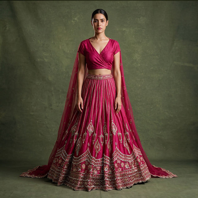 Fuchsia pink bridal lehenga with embroidered border and draped double dupatta