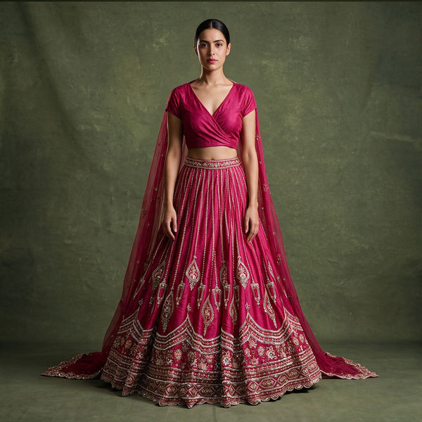 Royal Baggi - Rani Pink Raw Silk Jhumar Motif Bridal Lehenga with Double Dupatta