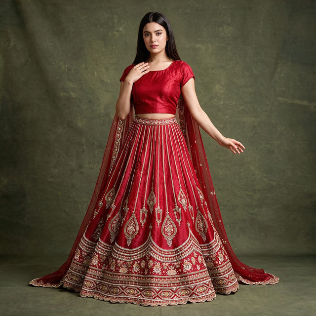 Red bridal lehenga with embroidered motifs and flowing dupatta