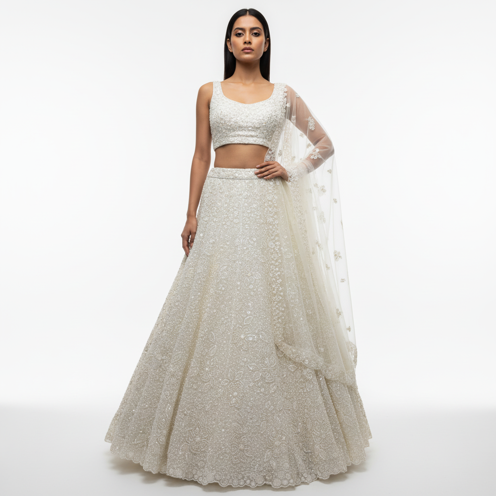 Cherry Blossom  -  The Modern Off White Lehenga for Reception for Bride