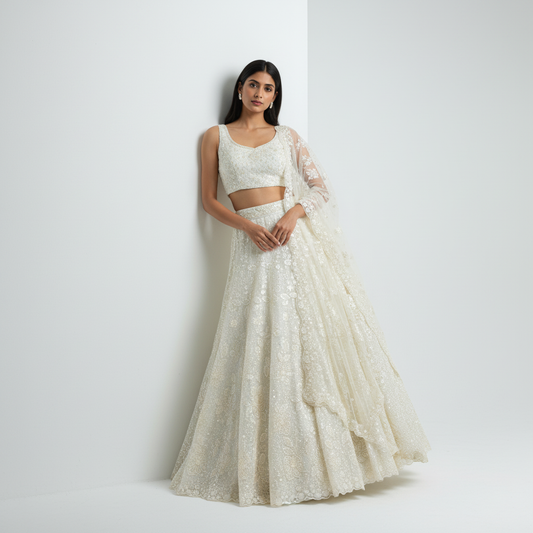 Cherry Blossom  -  The Modern Off White Lehenga for Reception for Bride