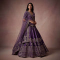 Purple velvet lehenga skirt with gold embroidered borders and sheer dupatta