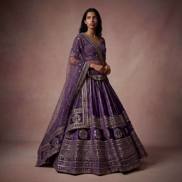 Purple velvet lehenga skirt with gold embroidered borders and sheer dupatta