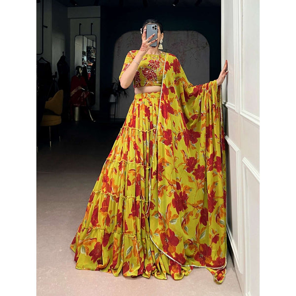 Butterfly - Chiffon Floral Print Flared Lightweight Lehenga Choli Yellow