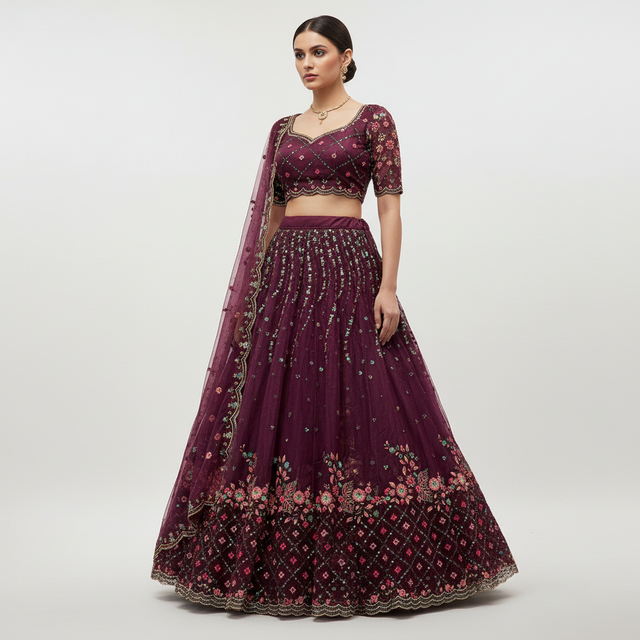 Wine maroon lehenga set on model: embroidered cropped blouse, flared skirt, draped dupatta