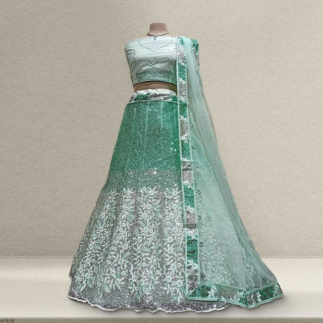 Mint green sequin lehenga skirt with embellished border and matching sheer dupatta