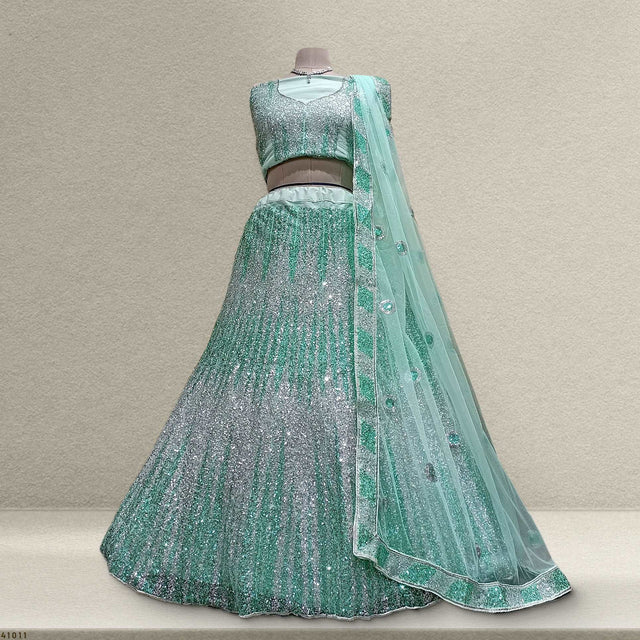 Mint green sequined net lehenga with blouse and matching dupatta