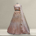 Peach sequined net lehenga with matching sheer dupatta and sleeveless bodice