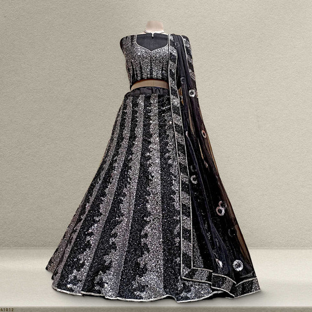 Black sequin embroidered lehenga with matching short-sleeve blouse and flared skirt