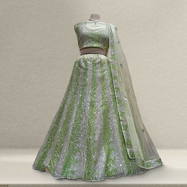 Green sequin embroidered lehenga with sheer matching dupatta