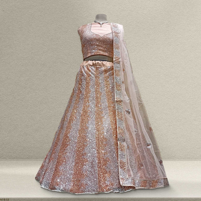 Peach and silver sequin embroidered lehenga with draped sheer dupatta
