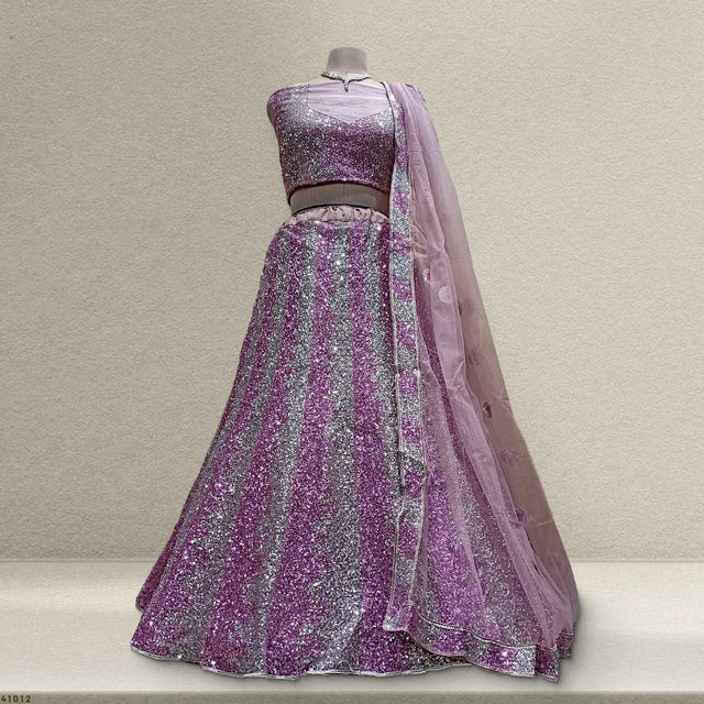 Embroidered sequin lehenga in pink and purple with matching sheer dupatta