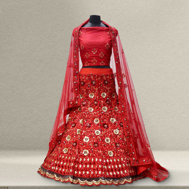 Back view red sequin embroidered lehenga set with net dupatta