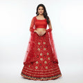 Red sequin embroidered lehenga set with net dupatta and flared skirt
