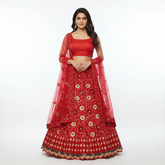 Red sequin embroidered lehenga set with net dupatta and flared skirt