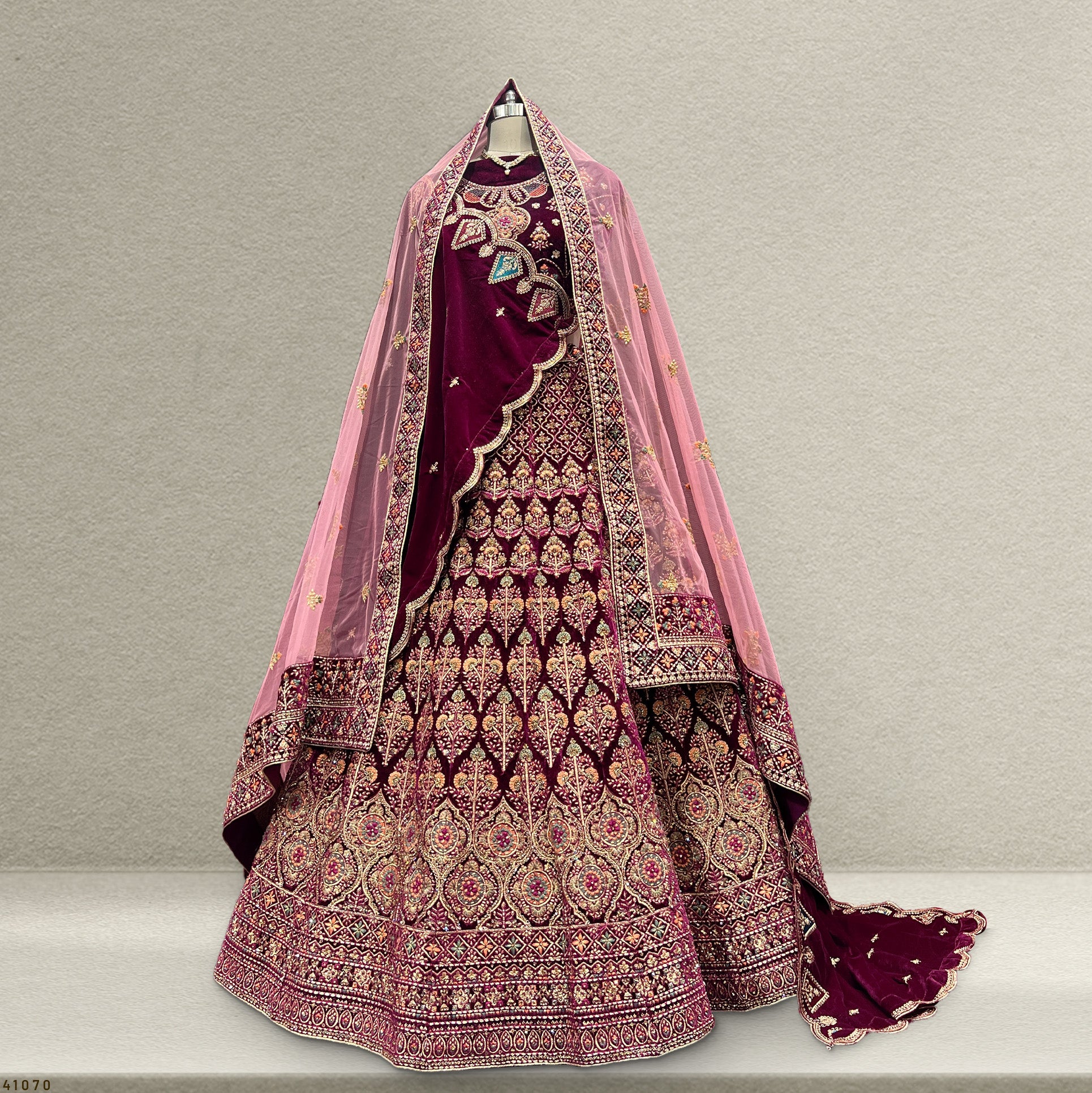 Pagfera - Double Dupatta Kashmiri Work Wine Color Bridal Lehenga JMS Studio {{ Royal Red Bridal Lehenga}}