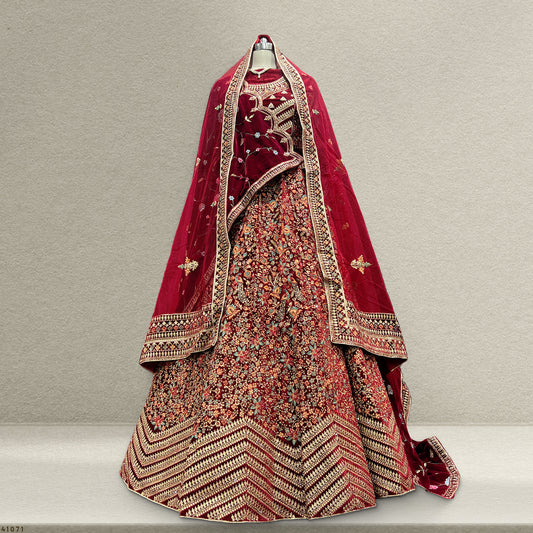 Pagfera - Double Dupatta Kashmiri Work Cherry Maroon Bridal Lehenga JMS Studio {{ Royal Red Bridal Lehenga}}