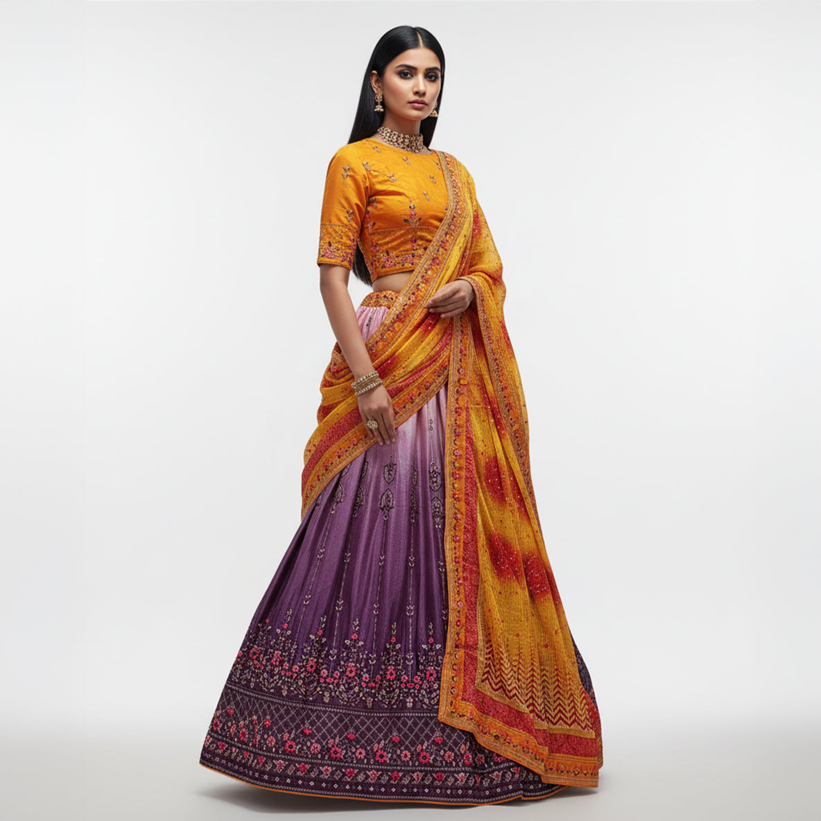 Butterfly - Georgette Multicolor Bandhej Dupatta Lehenga