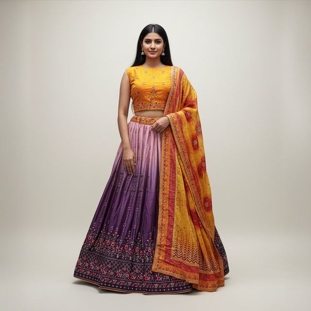 Multicolor dupatta draped over purple flared lehenga and orange embroidered bodice