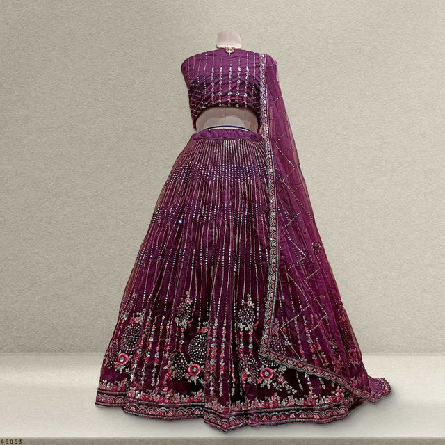 Wine embroidered lehenga with sequined blouse, flared skirt and matching sheer dupatta