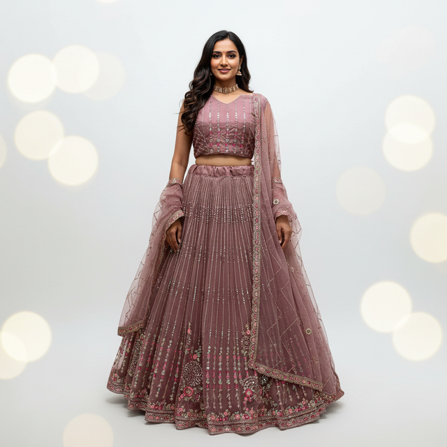 Cinnamon-pink sequined flared lehenga set with sheer dupatta, full skirt flare