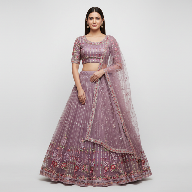 Pink embroidered lehenga with matching cropped blouse and draped dupatta