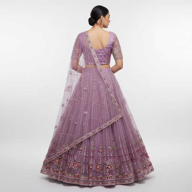Pink embroidered lehenga with open-back cropped blouse and draped dupatta