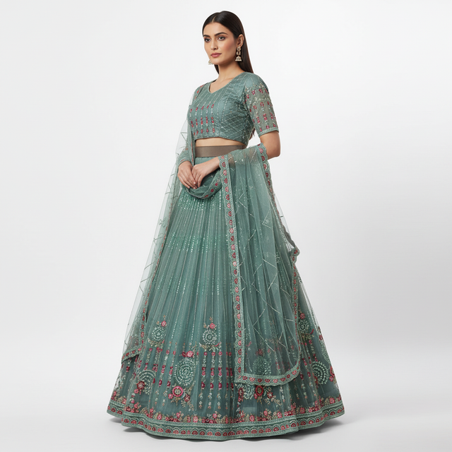 Teal-green lehenga set with round-neck blouse, flared skirt, and embroidered sheer dupatta