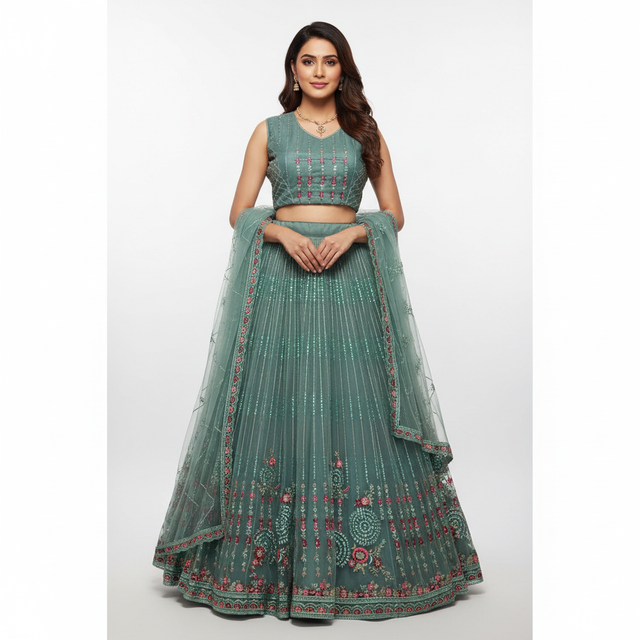 Teal-green flared lehenga set with sleeveless blouse, embroidered hem, sheer dupatta