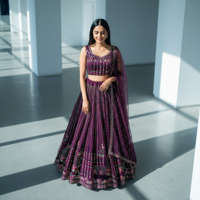 Wine sequined lehenga with sleeveless blouse, full flared skirt and draped sheer dupatta
