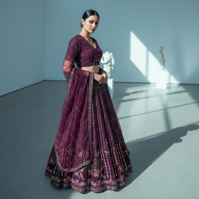 Wine embroidered lehenga in side view, sleeveless blouse, flared skirt and sheer dupatta