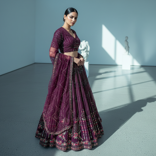 Butterfly - Lightweight Big Flared Wine Color Sider Lehenga