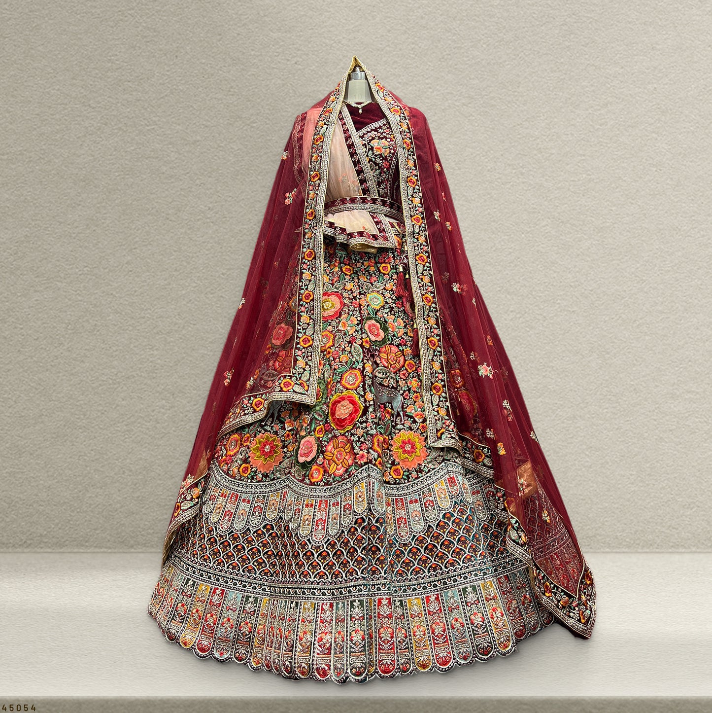 Pagfera - Multi Color Double Dupatta Velvet Maroon Lehenga