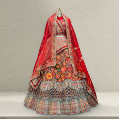 Pagfera - Multi Color Double Dupatta Velvet Red Lehenga JMS Studio {{ Royal Red Bridal Lehenga}}