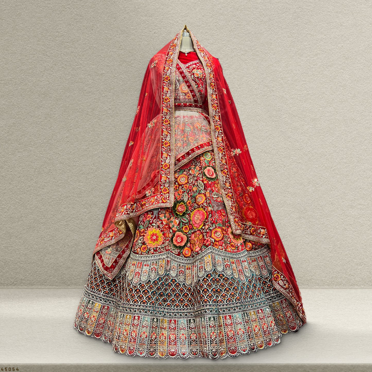 Pagfera - Multi Color Double Dupatta Velvet Red Lehenga