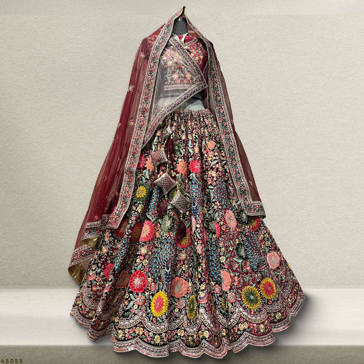 Pagfera - Multi Color Double Dupatta Velvet Maroon Lehenga JMS Studio {{ Royal Red Bridal Lehenga}}